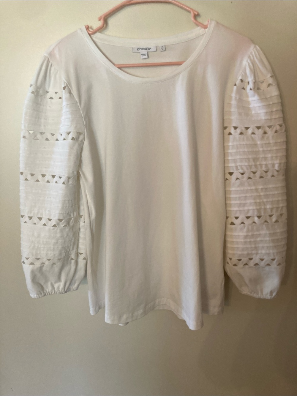 Chico's White Eyelet Pintuck Sleeve Blouse Chico’s Size 2 US Size Large